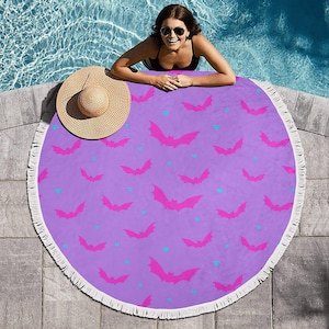 Purple & Pink Goth Bats Beach blanket - Gothic Beach towel - Punk home decor - Bats Circular Beach Shawl
