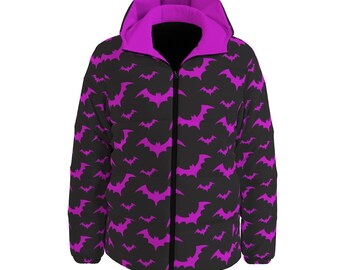 Spooky Pink Bat Print Goth Winter Padded Down Coat Unisex XS to 6XL Plus Size
