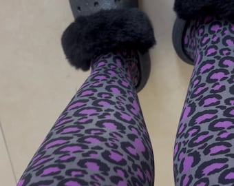 Lila und graue Animal Leopard Goth Gedruckte Strumpfhose S-2XL