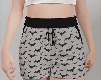 Black Grey Spooky Bats Casual Shorts with Pockets