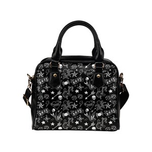Black & White Tattoo Style Ladies Everyday Handbag Shoulder Bag Punk Style