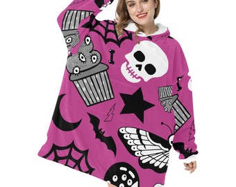 Pink Spooky Halloween Theme Blanket Hooded Jumper Hoodie Winter Oversized Kids Adults