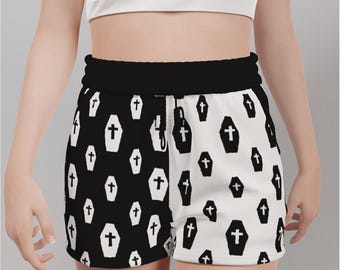 Black and White Spooky Coffin Gothic Casual Shorts with Pockets