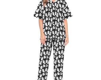 Spooky Black & White Ghosts Print Pyjamas Long Sleeved Winter PJs