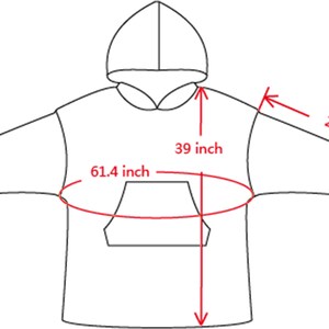 Może przedstawiać: Liniowy rysunek dużej bluzy z kapturem z wymiarami w calach. Wymiary obejmują długość, szerokość i długość rękawa.