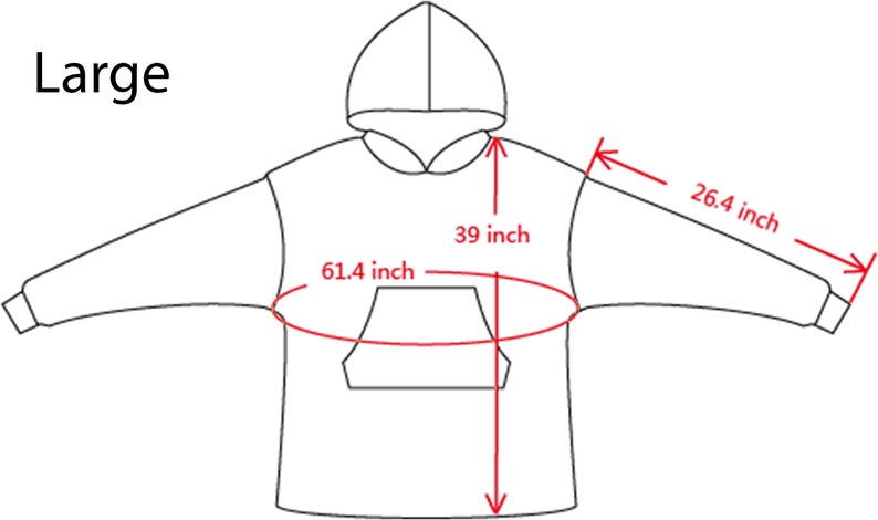 Może przedstawiać: Liniowy rysunek dużej bluzy z kapturem z wymiarami w calach. Wymiary obejmują długość, szerokość i długość rękawa.