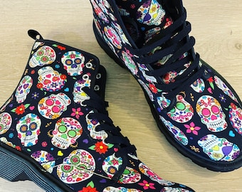 Ladies Black Sugar Skull Print Festival Style Lace Up Canvas Comfortable Boots