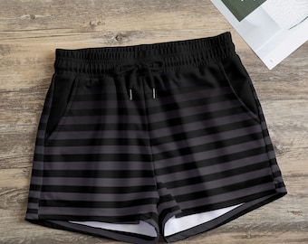 Black & Grey Punk Striped Casual Shorts with Pockets
