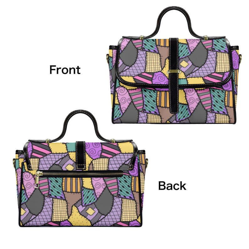 May include: A patchwork-style handbag with a black handle and strap. The bag features a variety of colorful fabric patches in shades of purple, yellow, green, and gray. The front of the bag has a flap closure with a black strap and gold buckle.
