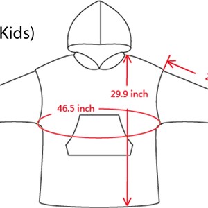 Może przedstawiać: Liniowy rysunek bluzy z kapturem z wymiarami w calach. Tekst "Small (Kids)" znajduje się w lewym g&oacute;rnym rogu obrazu. Wymiary to: 46,5 cala szerokości klatki piersiowej, 29,9 cala od ramienia do dołu i 20 cali od ramienia do mankietu.