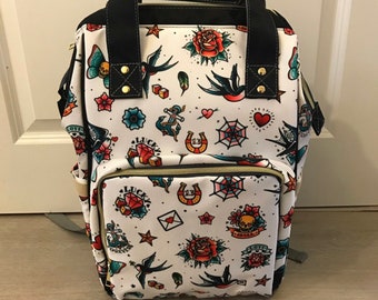 White Retro Tattoo Goth Diaper Backpack Mommy Bag Travel Changing Nappy