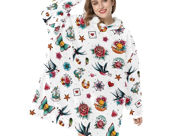 Biały retro tatuaż motyw koc z kapturem sweter z kapturem zimowy oversize dla dorosłych