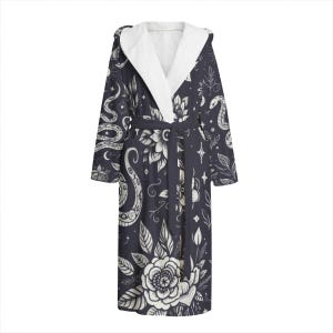 Blue Celestial Witchy Goth Snake & Flowers Print Dressing Gown Bathrobe