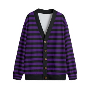 ブラック&パープルストライプカーディガンジャンパー ユニセックス プラスサイズ S-5XL