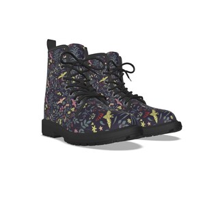 Cottagecore Dark Botanical Bat Vegan Combat Boots, Green Garden Flowers faux leather boots, Festival boots, Garden Green Witch gifts