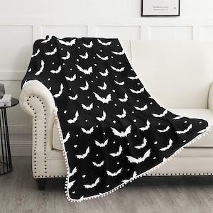 Spooky Black & White Bat Halloween Blanket with Pom Pom Edge Detail Different Sizes Available