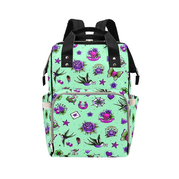 Green Retro Tattoo Goth Diaper Backpack Mommy Bag Travel Changing Nappy