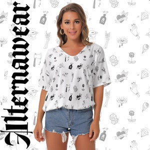 White Doodle Tattoo Batwing T-shirt Summer Casual Alternative