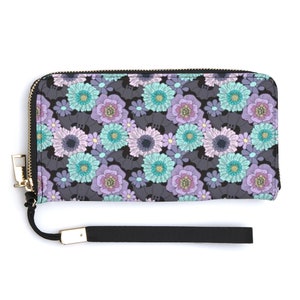 Monedero con estampado floral de murciélagos para mujer, tarjetero, monedero, cierre de cremallera, alternativa