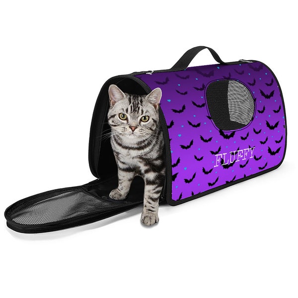 Personalised Portable Pet Carrier with Purple Ombre Bats Spooky Print, Gothic Pet Travel Bag, Small Animal