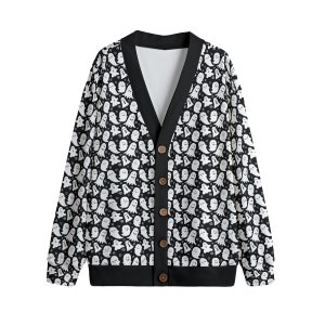 ブラック ホワイト かわいい ゴースト 不気味 カーディガン ジャンパー ユニセックス プラスサイズ S-5XL