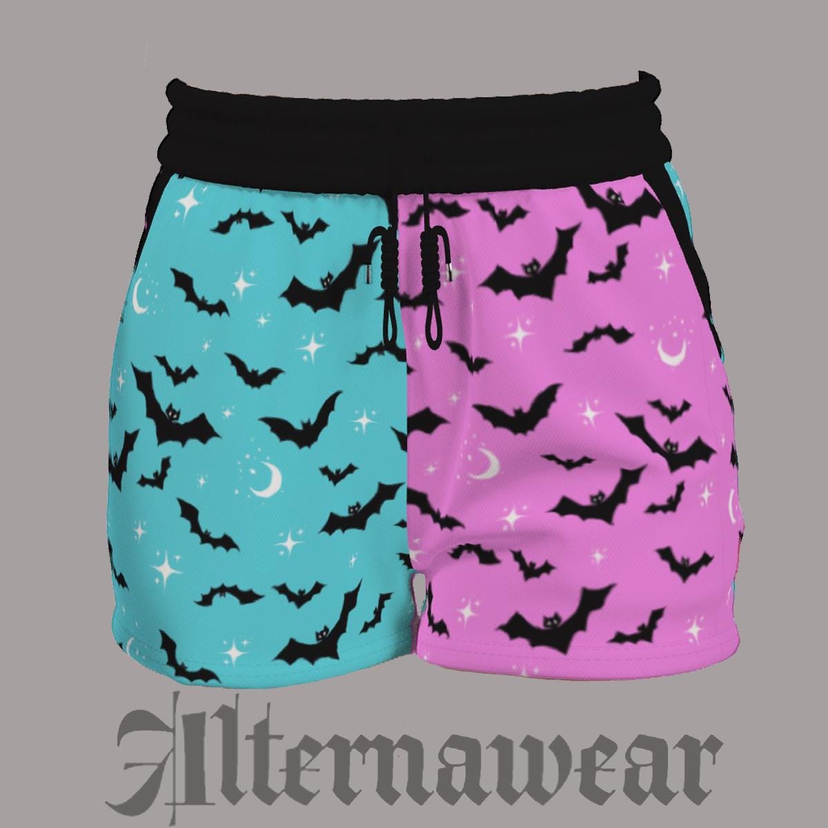 Mismatched Bat Print Summer Shorts – Pink & Blue Alt Girl Shorts with Pockets