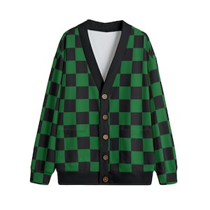 【BAON】[unisex] Horiring Punching Stripe Over Cardigan Green & Black Checker Print Unisex V-neck Cardigan With