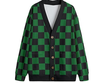 Green & Black Checker Print Unisex V-neck Cardigan With Button