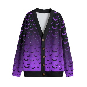 Purple Ombre Bats Spooky Print Cardigan Jumper Unisex