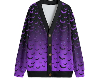 Purple Ombre Bats Spooky Print Cardigan Jumper Unisex Plus Size S- 5XL