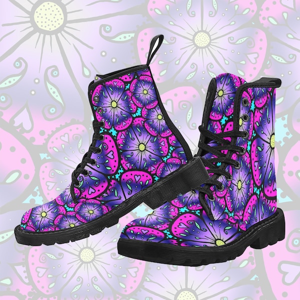 Ladies Sugar Flower Print Festival Style Lace Up Comfortable Boots