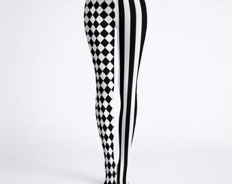 Retro Circus Harlequin Jester Black White Theme Tights S-2XL