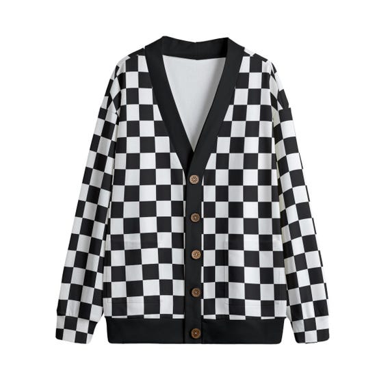 Black & White Checkered Punk Cardigan Jumper Unisex Plus Size S
