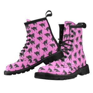 Ladies Pink Cat Print Combat Style Lace Up PU Comfortable Boots