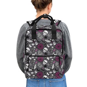Sac à dos gris et rose à imprimé fantasmagorique, chauve-souris d'Halloween, école de voyage