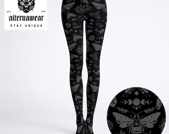 Moth Goth Witchy Tattoo Black Printed Tights S-2XL