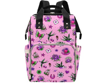 Pink Retro Tattoo Goth Diaper Backpack Mommy Bag Travel Changing Nappy