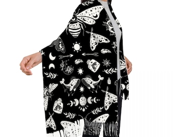 Warm Winter Scarf Celestial Witchy Goth Moth Tassled Scarf Shawl