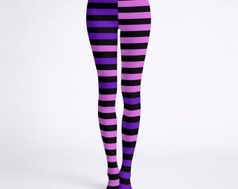 Purple and Pink Fun Statement Striped Goth Printed Tights S-2XL