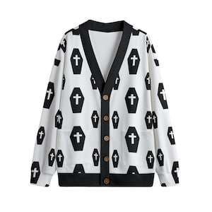 ホワイト スプーキー コフィン パンク カーディガン ジャンパー ユニセックス プラスサイズ S-5XL