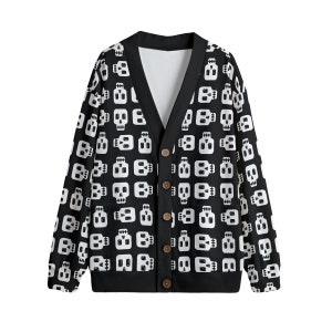 ブラック ホワイト ブロック スカル パンク カーディガン ジャンパー ユニセックス プラスサイズ S-5XL