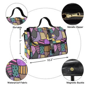 May include: A colorful patchwork-style handbag with a black handle and strap. The bag is 10.2 inches wide, 7 inches tall, and 4.7 inches deep. Features include a metallic zipper, magnetic buckle, and waterproof fabric.