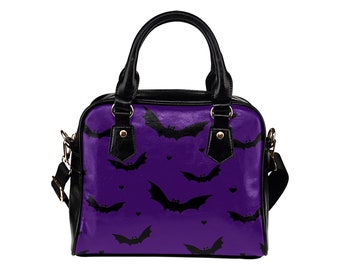 Gruselige Schwarz Lila Fledermaus Print Damen Alltag Handtasche Schultertasche Punk Gothic Style