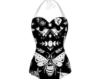 Celestial Witchy Goth Moth Halterneck Swimsuit 50’s Style