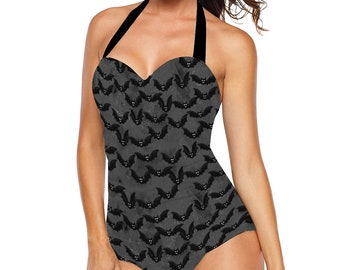 Grey and Black Bat Halterneck Swimsuit 50’s Style Gothic