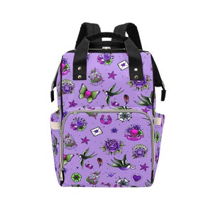 Lilac Retro Tattoo Goth Diaper Backpack Mommy Bag Travel Changing Nappy