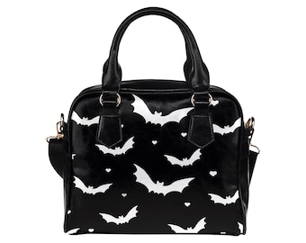 Spooky Black & White Bat Print Ladies Everyday Handbag Shoulder Bag Punk Gothic Style