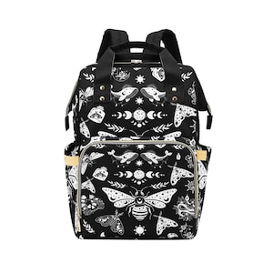 Black Witchy Skulls Celestial Goth Moth Diaper Backpack Mommy Bag Travel Changing Nappy