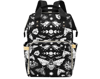Black Witchy Skulls Celestial Goth Moth Diaper Backpack Mommy Bag Travel Changing Nappy
