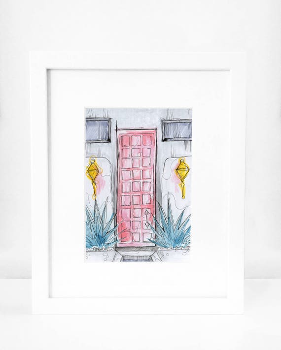 That Pink Door Palm Springs Mid Century Modern House Architecture Urban Sketch Illustration Original Art